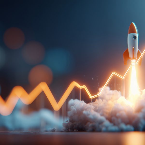 A rocket takes off with a financial chart showing growth and success, concept for startup venture, business development and investment growth.